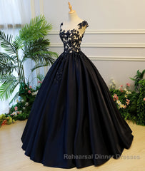 Black round neck satin long Semi Formal Prom Dresses gown, black evening Dresses