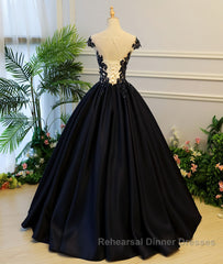 Black round neck satin long Semi Formal Prom Dresses gown, black evening Dresses