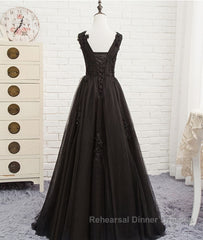 Black round neck tulle lace long Semi Formal Prom Dresses, black evening Dresses