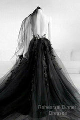 Black Round Neck Tulle Lace Long Semi Formal Prom Dress Black Tulle Formal Dress