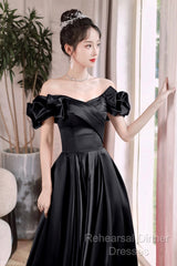Black Satin Floor Length A-Line Semi Formal Prom Dress, Off The Shoulder Evening Party Dress