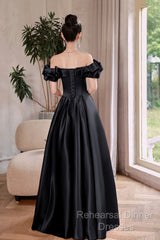 Black Satin Floor Length A-Line Semi Formal Prom Dress, Off The Shoulder Evening Party Dress