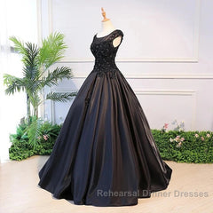 Black Satin Long Party Dress Evening Gown A Line Floor Length Semi Formal Prom Dress Elegant