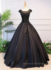 Black Satin Long Party Dress Evening Gown A Line Floor Length Semi Formal Prom Dress Elegant