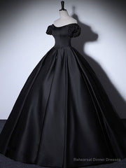 Black Satin Long Prom Dresses, Black Long Formal Sweet 16 Dress