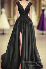 Black Satin Slit Dresses With Lace Embroidery Semi Formal Prom Dresses