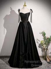 Black Satin Sweetheart Long Semi Formal Prom Dress With Bow, Black Long Evening Dress