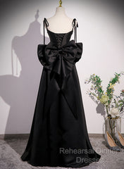 Black Satin Sweetheart Long Semi Formal Prom Dress With Bow, Black Long Evening Dress