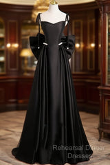 Black Satin Sweetheart Long Semi Formal Prom Dress With Bow, Black Long Evening Dress