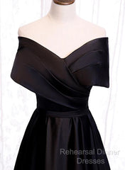 Black Satin Sweetheart Off Shoulder Party Dress, Black A-Line Long Formal Dress