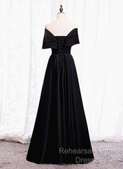 Black Satin Sweetheart Off Shoulder Party Dress, Black A-Line Long Formal Dress