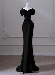 Black Satin Sweetheart Straps Long Formal Dress, Black Long Prom Dress