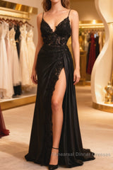 Black Satin With Lace V-Neckline With Leg Slit Semi Formal Prom Dress, Black Semi Formal Prom Dress