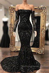 Black Sequin Long Sleeve Mermaid Semi Formal Prom Dress