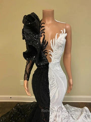 Black Sequin Trumpet Mermaid Long Sleeve Semi Formal Prom Dress