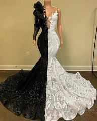 Black Sequin Trumpet Mermaid Long Sleeve Semi Formal Prom Dress