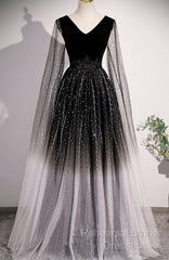 Black Shiny Tulle Gradient Tulle V-Neckline Party Dress, Black Tulle Semi Formal Prom Dress