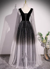 Black Shiny Tulle Gradient Tulle V-Neckline Party Dress, Black Tulle Semi Formal Prom Dress