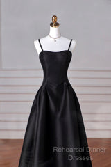 Black Spaghetti Strap Satin Long Semi Formal Prom Dress, A-Line Backless Evening Party Dress