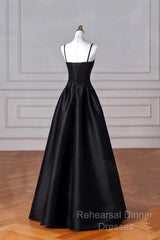 Black Spaghetti Strap Satin Long Semi Formal Prom Dress, A-Line Backless Evening Party Dress