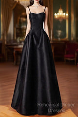 Black Spaghetti Strap Satin Long Semi Formal Prom Dress, A-Line Backless Evening Party Dress