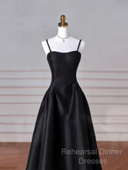 Black Spaghetti Strap Satin Long Semi Formal Prom Dress, Black A-Line Evening Dress