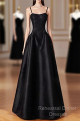 Black Spaghetti Strap Satin Long Semi Formal Prom Dress, Black A-Line Evening Dress