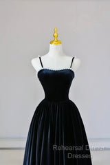 Black Spaghetti Strap Velvet Long Semi Formal Prom Dress With Pearls, A-Line Evening Dress Party Dress