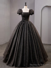 Black Square Neckline Tulle Long Prom Dresses, Shiny Tulle Black Evening Dress