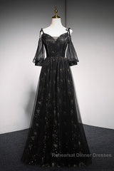 Black Straps Tulle Long Party Dress With Sleeves Evening Dress, Black A-Line Semi Formal Prom Dress Party Dresses
