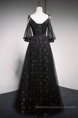 Black Straps Tulle Long Party Dress With Sleeves Evening Dress, Black A-Line Semi Formal Prom Dress Party Dresses