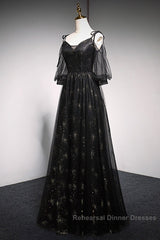 Black Straps Tulle Long Party Dress With Sleeves Evening Dress, Black A-Line Semi Formal Prom Dress Party Dresses