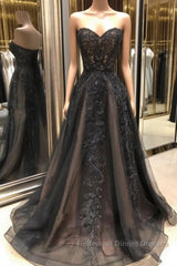 Black sweetheart neck tulle lace long Semi Formal Prom Dresses, black evening Dresses