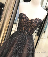 Black sweetheart neck tulle lace long Semi Formal Prom Dresses, black evening Dresses