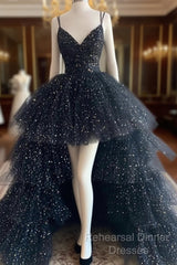 Black Tulle A-Line Layers Long Party Dress, Black Tulle Semi Formal Prom Dress