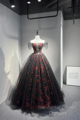 Black Tulle And Red Sequins Floor Length Semi Formal Prom Dress, Off The Shoulder Evening Party Dress