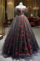 Black Tulle And Red Sequins Floor Length Semi Formal Prom Dress, Off The Shoulder Evening Party Dress
