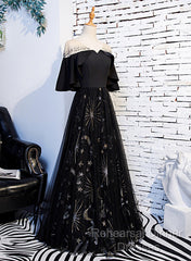 Black Tulle Beaded Long Party Dress, A-Line Black Formal Dress Semi Formal Prom Dress