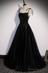 Black Tulle Beaded Long Prom Dress, A-Line Spaghetti Straps Evening Dress