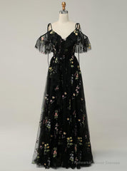 Black Tulle Embroidery Straps Prom Dress