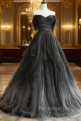Black Tulle Gradient Long Party Dress With Beadings, Black Evening Dress Semi Formal Prom Dress