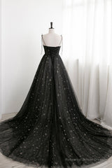 Black Tulle Long Prom Dress with Stars, Cute Spaghetti Straps Graduation Dress
