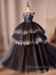 Black Tulle Long Semi Formal Prom Gown, Black Tulle Evening Dress