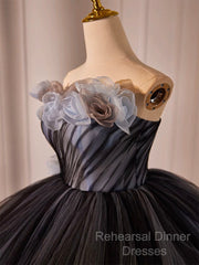Black Tulle Long Semi Formal Prom Gown, Black Tulle Evening Dress