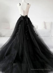 Black Tulle Party Dress with Lace Long Prom Dress, Pretty Black Evening Dress