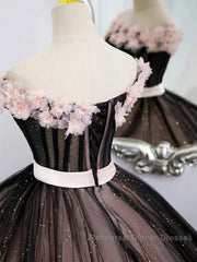 Black Tulle & Pink Flowers Sparkle Semi Formal Prom Dress