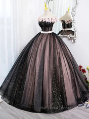 Black Tulle & Pink Flowers Sparkle Semi Formal Prom Dress