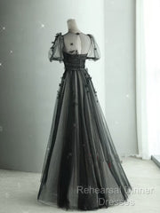 Black Tulle Puffy Short Sleeves A-Line Semi Formal Prom Dress, Black Evening Dress Party Dress
