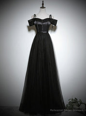 Black Tulle Satin Spaghetti Straps Prom Dress