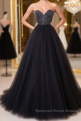 Black tulle sweetheart neck long Semi Formal Prom Dresses, black evening Dresses